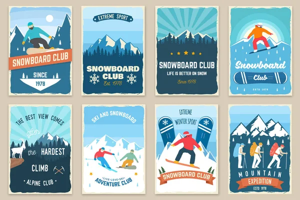 Σύνολο των ορεινών αποστολών και snowboard club ρετρό αφίσες. Βέκτορ. Vintage σχεδιασμός τυπογραφίας με snowboarder, ορειβάτες και ορεινή σιλουέτα. Ακραίο χειμερινό άθλημα. Εξωτερικό φυλλάδιο περιπέτειας — Διανυσματικό Αρχείο