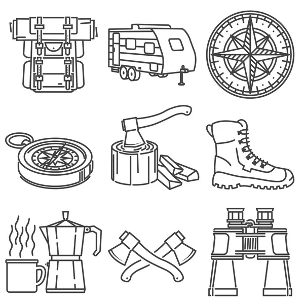 Iconos de camping. Diseño de línea de arte: vector de stock. Para camisa o logotipo, estampado, estampado o camiseta. — Vector de stock