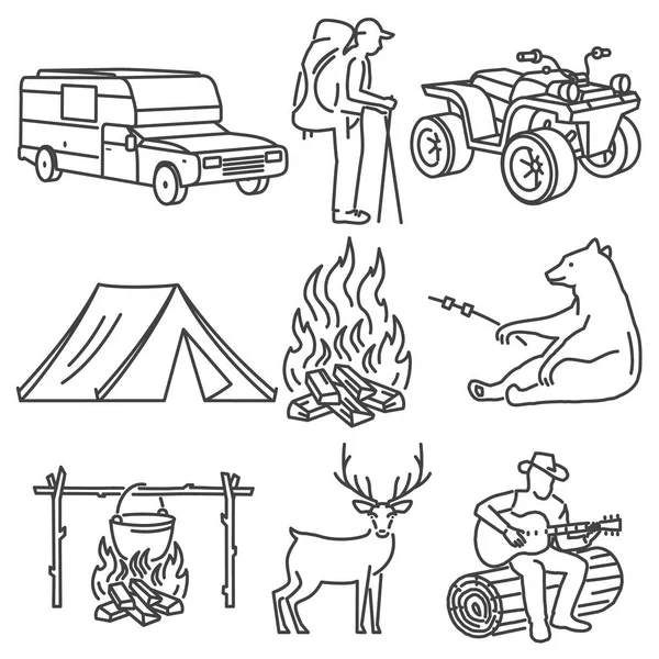 Camping Icons. Line art design vettore stock. Per maglietta o logo, stampa, timbro o tee. — Vettoriale Stock