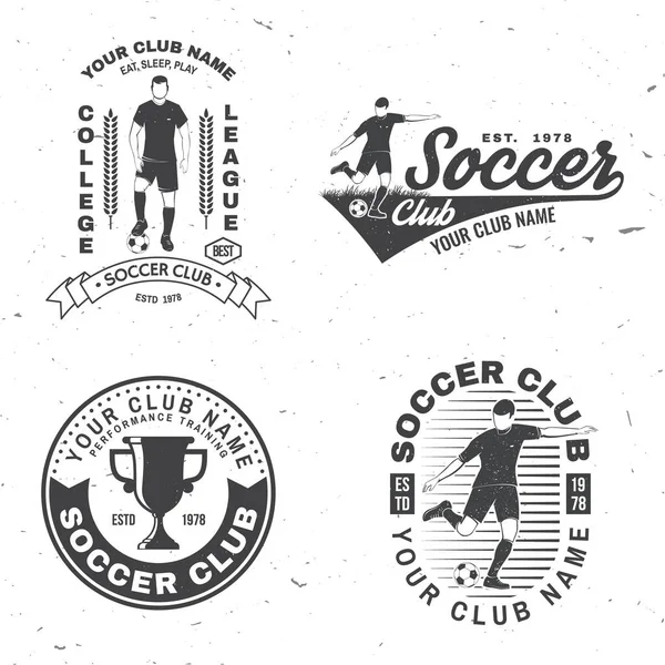 Set von Fußball, Fußball-Club-Abzeichen-Design. Vektorillustration. Für Fußballvereinsschild, Logo. Vintage monochromes Etikett, Aufkleber, Aufnäher mit Fußball- und Fußballer-Silhouetten. — Stockvektor