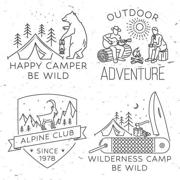 Set of Outdoor adventure badge. Vector. Concept for shirt or print, stamp, travel badge or tee. Vintage line art design with camping tent, bear with lantern, campfire, camper tent, pot on the fire — стоковый вектор