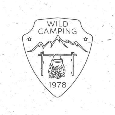 Wild Camping. Vector illustration. Concept for shirt or print, stamp or tee. Vintage line art design with Camper tent, pot on the fire, and mountain silhouette.