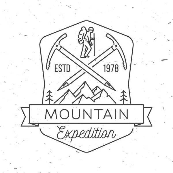 Mountain expedition badge. Vector illustration. Concept for shirt or logo, print, stamp or tee. Vintage line art design with ice axe, mountaineer and mountain. Outdoors adventure emblem. — стоковый вектор