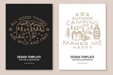 Kamp şablonu seti. Vektör. Çizgi çizgisi, broşür, afiş, ayı, orman, fener ve balta ve dağ manzaralı poster.