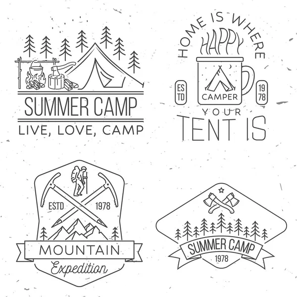 Set of camping badges, patches. Vector illustration. Concept for shirt or logo, print, stamp or tee. Vintage line art design with cup, camper tent, pot on the fire, axe, mountain and forest. — Stock Vector