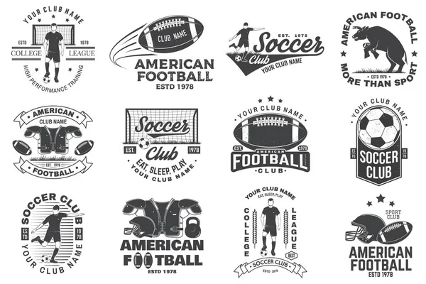 Set of soccer and american football or rugby club badge. Vector. Vintage design with soccer, football player, bull, american football player, helmet, ball and shoulder pads silhouette. — стоковый вектор
