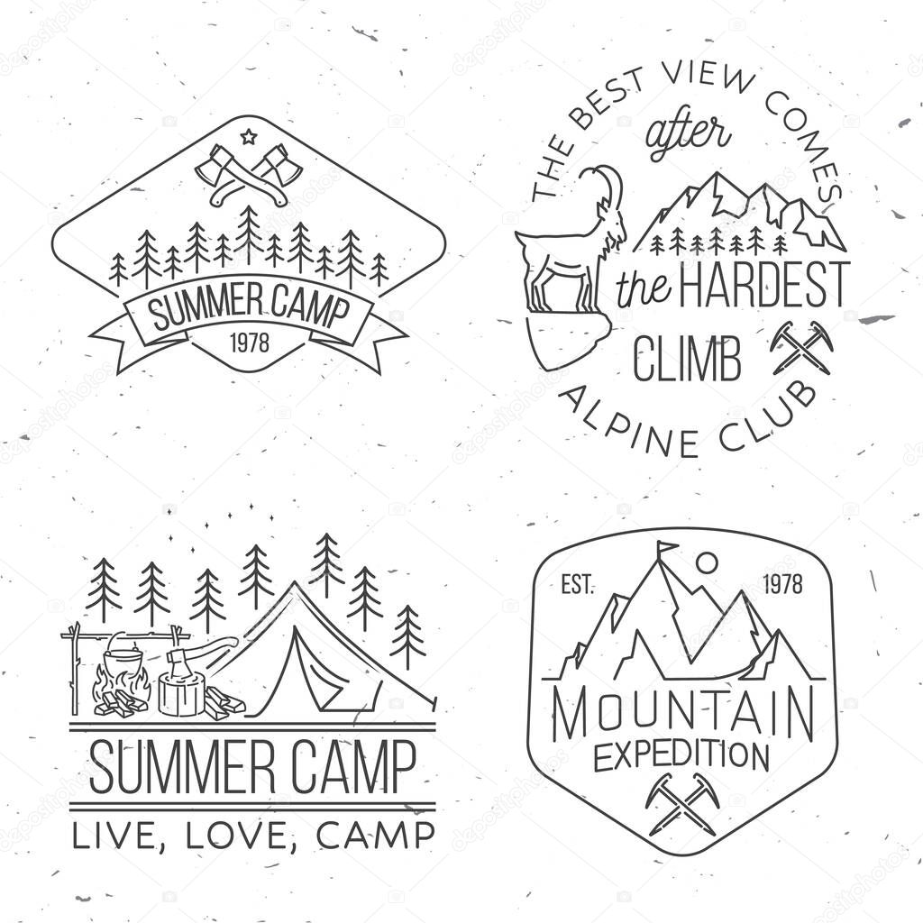 The best view comes after the hardest climb. Alpine club badge. Vintage line art design with ice axe, rock climbing Goat and mountain silhouette. Outdoors adventure emblem