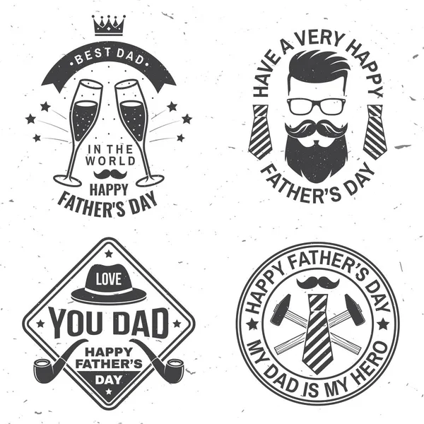 Set of Have a Happy Fathers Day Векторна ілюстрація. Vintage style Fathers Day Designs with hipster father, hat, tie, mustache, glass of champagne and smoing pipes. — стоковий вектор