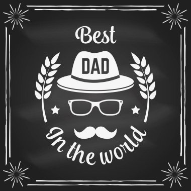Dünyanın en iyi babası. Babalar Günün kutlu olsun, tahtada logo tasarımı. Vektör çizimi. Klasik Babalar Günü Tasarımları Hippi şapkası ve kravatıyla.