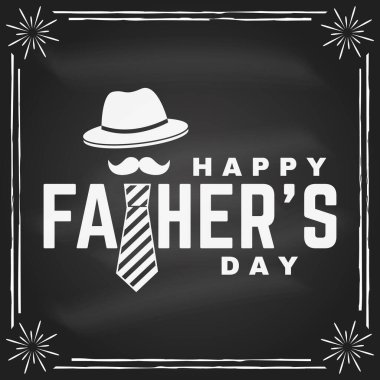 Babalar Günün kutlu olsun, tahtada logo tasarımı. Vektör çizimi. Eski tarz Babalar Günü Tasarımları Hippi şapkası ve kravatlarıyla.