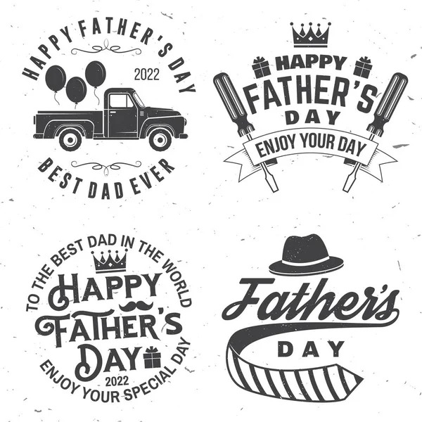 Happy Fathers Day. Enjoy your day badge, logo design. Vector illustration. Vintage style Fathers Day Designs with crown, gift, screwdriver, retro pickup truck. — Stock Vector