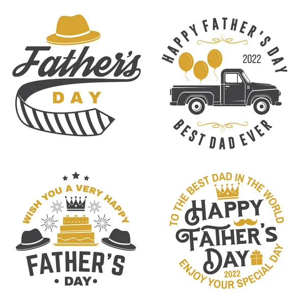 Happy Fathers Day. Enjoy your day badge, logo design. Vector illustration. Vintage style Fathers Day Designs with crown, gift, screwdriver, cake, retro pickup truck. — Stock vektor