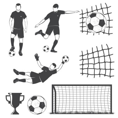 Futbol takımı, futbol ekipmanları ve oyuncu siluetleri. Vektör çizimi. Koleksiyon arasında futbol topu, kapı, oyuncu ve ağ silueti yer alıyor.