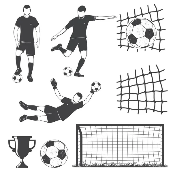 Foci, foci sporteszközök és játékos sziluettek. Vektor illusztráció. Gyűjtemény tartalmazza focilabda, kapu, játékos és nettó sziluett. — Stock Vector