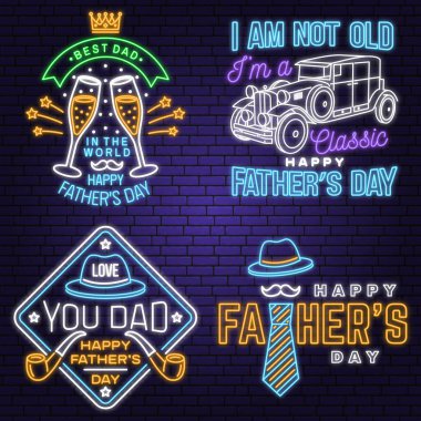 Babalar Günü rozeti seti, logo neon işareti. Vektör çizimi. Eski tarz Babalar Günü Tasarımları. Retro araba, bıyık ve şampanya bardakları. Parlak pano, açık pankart.