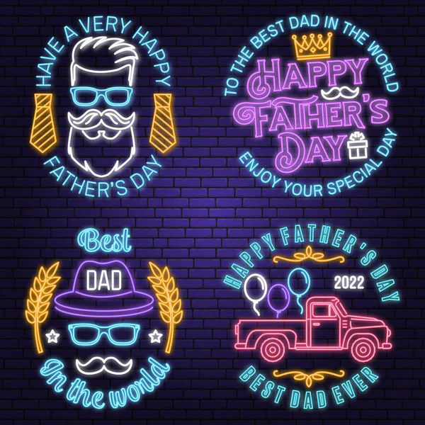 Uppsättning Happy Fathers Day Märke Logotyp Design Neon Skylt Vektorillustration — Stock vektor