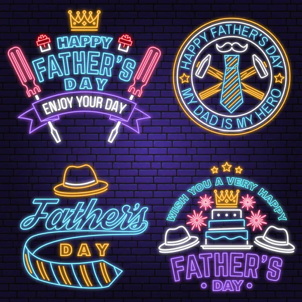 Uppsättning Happy Fathers Day Märke Logotyp Neon Skylt Vektorillustration Vintage — Stock vektor
