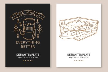 Çay her şeyi daha iyi yapar. Kamp alıntısı. Vektör. El ilanı, broşür, afiş, kayaklı poster, çaydanlık ve orman çaydanlığı.