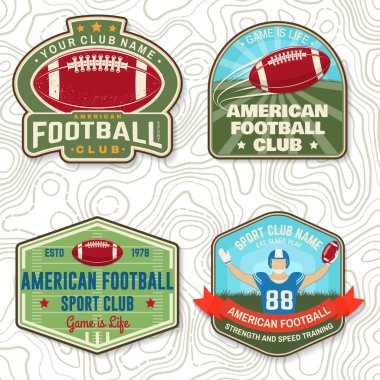 Amerikan futbolu ya da rugby kulübü nakış takımı. Gömlek, logo, iz, pul, tee, yama için vektör. Amerikan futbolcu, kask, top ve vatkalarla klasik tasarım.