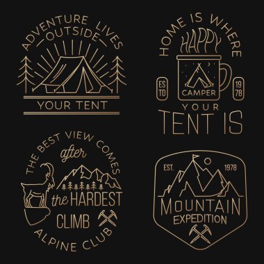 En iyi manzara en zor tırmanıştan sonra gelir. Alp kulübü rozeti. Buz baltası, kaya tırmanışı keçisi ve dağ silueti olan klasik bir tasarım. Açık hava macera amblemi