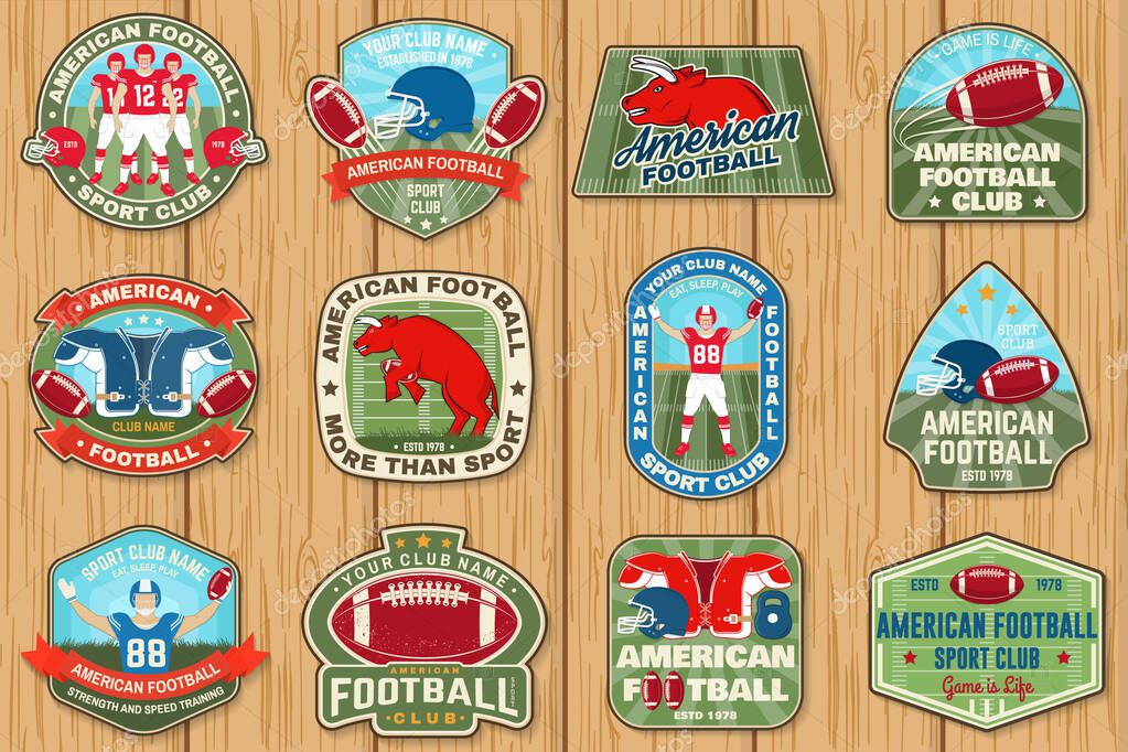 Set of american football or rugby club embroidery patch. Vector for shirt, logo, print, stamp, tee, patch. Vintage design with american football sportsman player, helmet, ball and shoulder pads