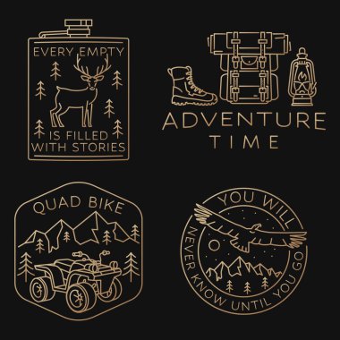 Kamp rozetleri, yamalar. Vektör. Gömlek, logo, baskı, pul ya da tişört konsepti. Uçan Akbaba, geyik, dörtlü bisiklet, orman manzaralı klasik çizim tasarımı
