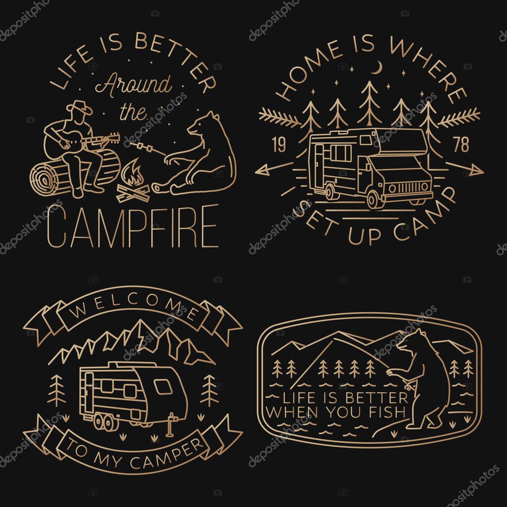Set of camping badges, patches. Vector. Concept for shirt or logo, print, stamp or tee. Vintage line art design with campfire, bear, man with guitar, deer, camper tent, hiker, fishing bear