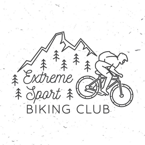 Mountain biking club. Vector illustration. Concept for shirt or logo, print, stamp or tee. Vintage line art design with man riding bike and mountain silhouette. Extreme sport