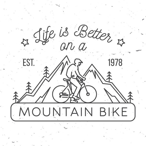Life is better on a mountain bike. Vector illustration. Concept for shirt or logo, print, stamp or tee. Vintage line art design with man riding bike and mountain silhouette. Outdoor adventure
