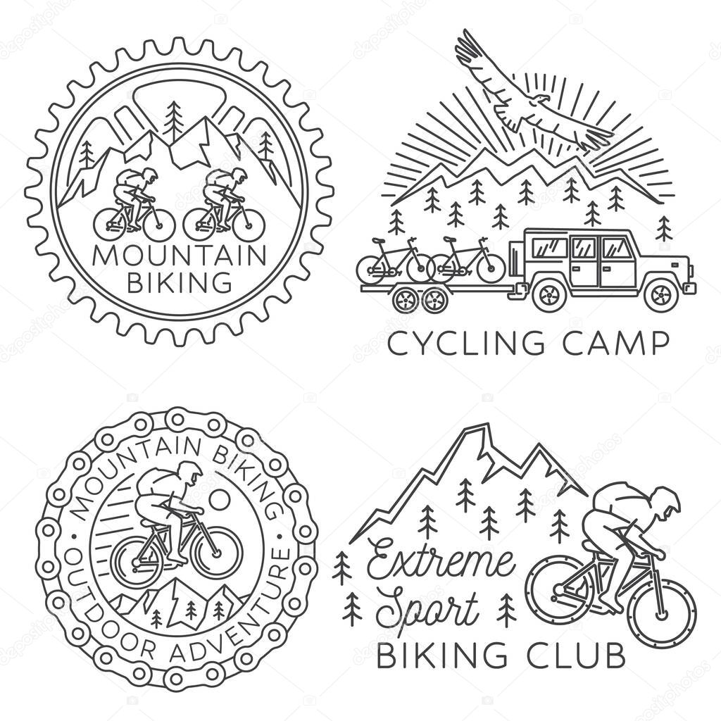 Set of Mountain biking badge, logo, patch. Vector illustration. Concept for shirt or logo, print, stamp or tee. Vintage line art design with man riding bike and mountain silhouette