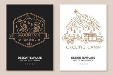 Dağ bisikleti broşürü, broşür, afiş, poster seti. Vektör çizimi. Gömlek, logo, baskı, pul ya da tişört konsepti. İnsan bisikleti ve dağ silueti ile klasik sanat tasarımı.