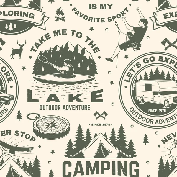 Outdoor Adventure Seamless Pattern Background Vector Illustration Vintage Typography Design — ストックベクタ