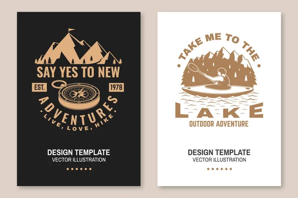 Set of camping inspirational quotes. Vector. Concept for flyer, brochure, banner, poster. Vintage typography design with compass, man in canoe, lake and mountain silhouette