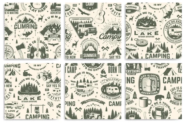 Set Summer Camp Seamless Pattern Background Vector Retro Typography Design — Stock Vector