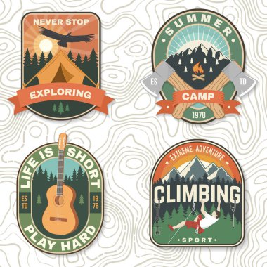 Set of camping Logo Patches. Vector illustration. Concept for shirt or logo, print, stamp or tee. Vintage typography design with compass, guitar, camping climber, tent, mountain and forest silhouette