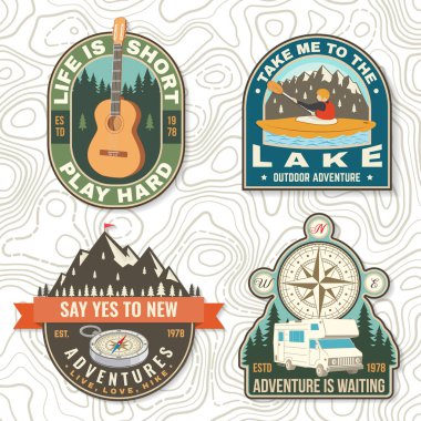 Set of camping badges Logo Patch. Vector illustration. Concept for shirt or logo, print, stamp or tee. Vintage typography design with guitar, man in canoe, lake, compass, camper rv , tent and forest