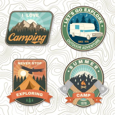 Set of camping Logo Patches. Vector illustration. Concept for shirt or logo, print, stamp or tee. Vintage typography design with compass, camping climber, tent, mountain and forest silhouette