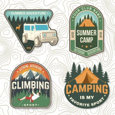 Set of camping badges. Vector illustration. Concept for shirt or logo, print, stamp or tee. Vintage typography design with camping climber, tent, off road car, mountain and forest silhouette