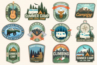 Set of Summer camp patches. Vector. Concept for shirt or logo, print, stamp, patch or tee. Vintage typography design with guitar, rv trailer, camping tent, forest, mountain silhouette