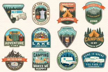 Set of camping badges Logo Patch. Vector illustration. Concept for shirt or logo, print, stamp or tee. Vintage typography design with man in canoe, lake, compass, camper rv , tent and forest