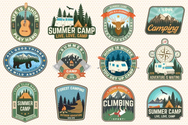 Set Summer Camp Patches Vector Concept Shirt Logo Print Stamp — стоковый вектор