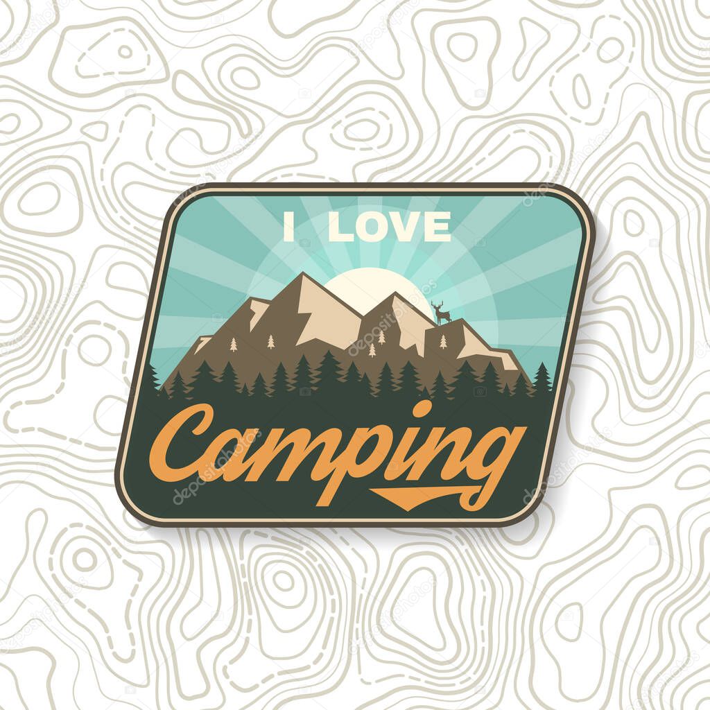 I love Camping Logo Patch. Vector illustration. Concept for shirt or logo, print, stamp or tee. Vintage typography design with sunburst, forest and mountain silhouette. Camping quote
