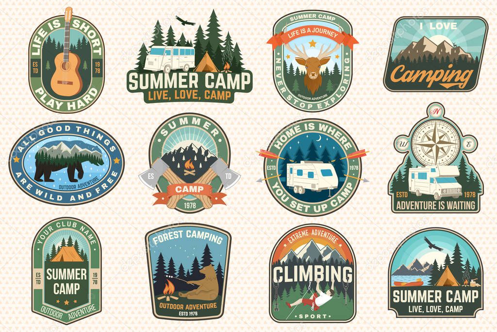 Set of Summer camp patches. Vector. Concept for shirt or logo, print, stamp, patch or tee. Vintage typography design with guitar, rv trailer, camping tent, forest, mountain silhouette