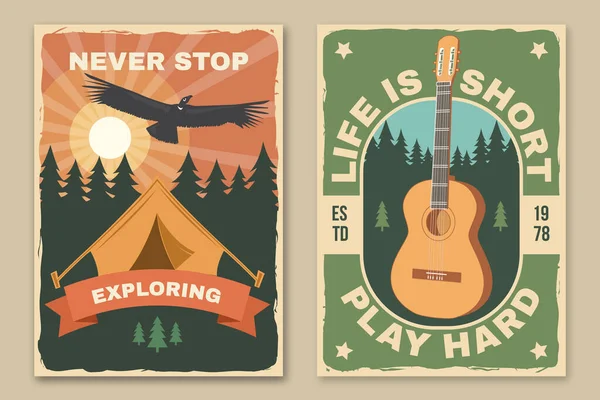 Set Camping Poster Banner Vector Illustration Concept Shirt Logo Print — 스톡 벡터