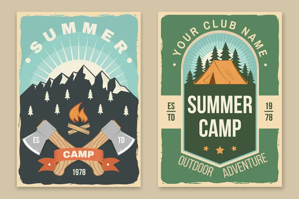 Set Camping Poster Banner Vector Concept Shirt Logo Print Stamp — Image vectorielle