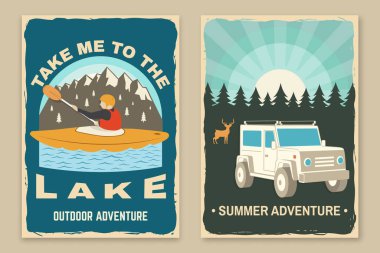 Set of camping poster, banner. Camping quote. Vector illustration. Concept for shirt or logo, print, stamp or tee. Vintage typography design with off road car, man in canoe, lake and mountain