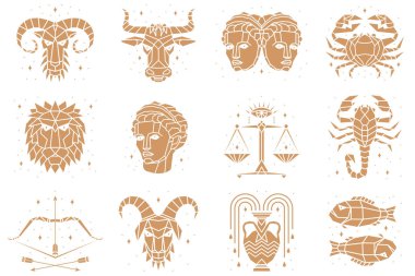 Zodiacal semboller. Vektör çizimi. Astroloji, burç işareti, grafik tasarım elemanları, baskı şablonu. Siyaha izole edilmiş esrarengiz burç şablonları