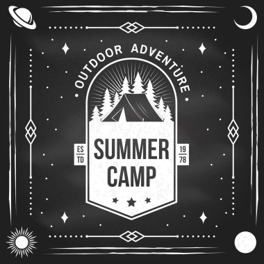 Summer camp on chalkboard. Vector illustration. Concept for shirt or logo, print, stamp or tee. Vintage typography design with Camper tent and forest silhouette. Camping quote