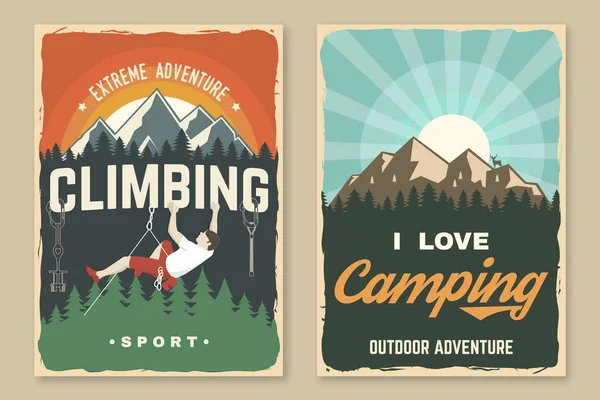 Set Camping Poster Banner Vector Concept Shirt Logo Print Stamp — Stockvektor