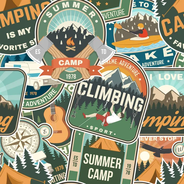 Summer Camp Colorful Seamless Pattern Travel Inspirational Quotes Vector Background — стоковый вектор